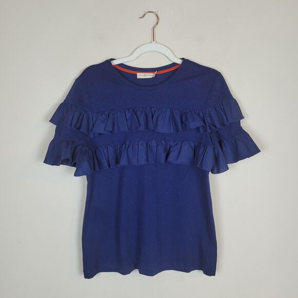 Tory Burch Shirt Medium Navy Blue Ruffles Tiered Short Sleeve Top Crewneck - Picture 1 of 7